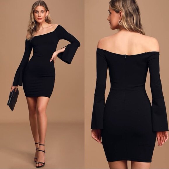 LULUS Marseille Mini Dress Off the Shoulder Long Flare Sleeve Bodycon Black XS - Picture 1 of 16